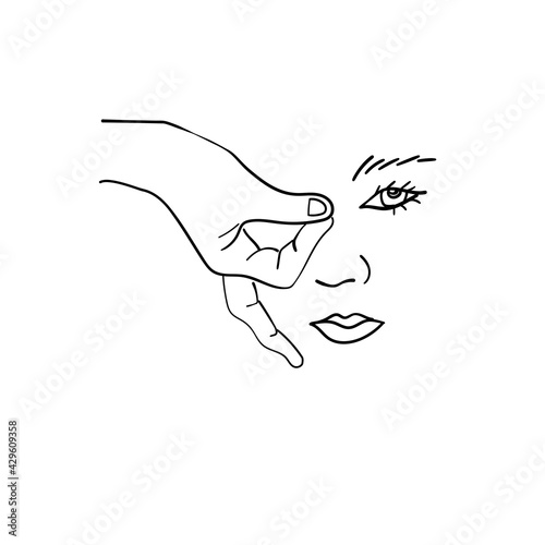 Hands closes the eye and face of young woman, gestures line art, linear hipster girls face