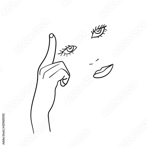 Hands closes the face of young woman, gestures line art, linear hipster girls face
