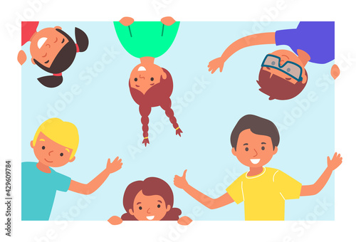 Cheerful group young kid people character together smiling frame board, teenager wave hand flat vector illustration, isolated on white.