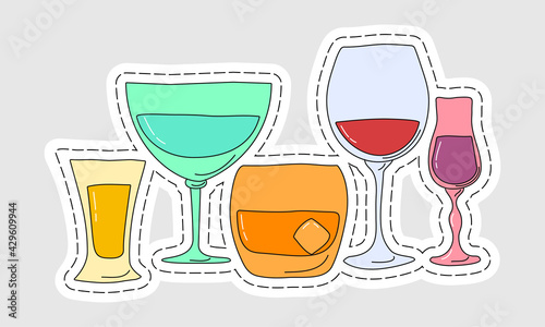 Collection of glasses of alcohol as a sticker. Tequila vermouth whiskey red wine liquor. Hand draw cartoon illustration. Doodle line art graphic design. Freehand drawing style