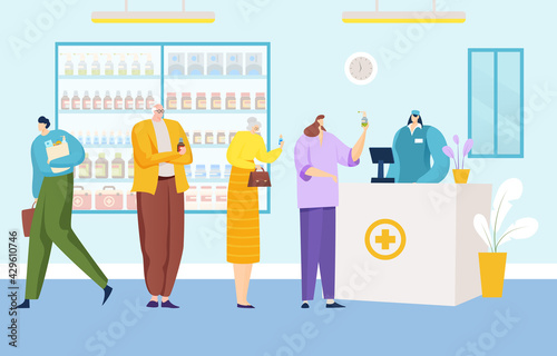 Group people together stand line queue buy drug, medical pharmacy showcase store, cash register shop drugstore flat vector illustration.