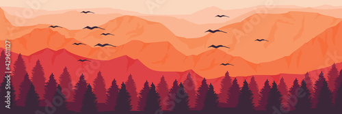 landscape mountain sunset vector illustration for background, web banner, ads banner, tourism background template, and wallpaper