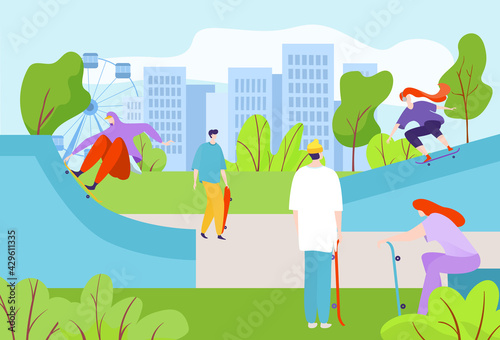 Cheerful happy young group teenager character together skateboard activity, athlete playground extreme sport flat vector illustration.