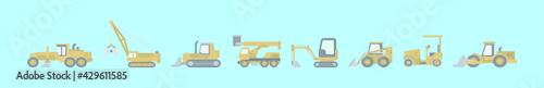 set of construction machines cartoon icon design template with various models. vector illustration isolated on blue background