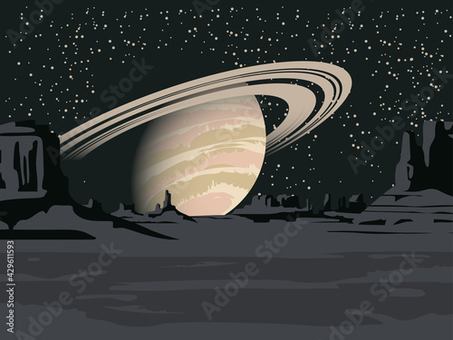 A fantastic alien landscape with a view of a desert area with rocks and Saturn in the night starry sky. Space science fiction background. Vector illustration of a ringed gas giant in a dark sky