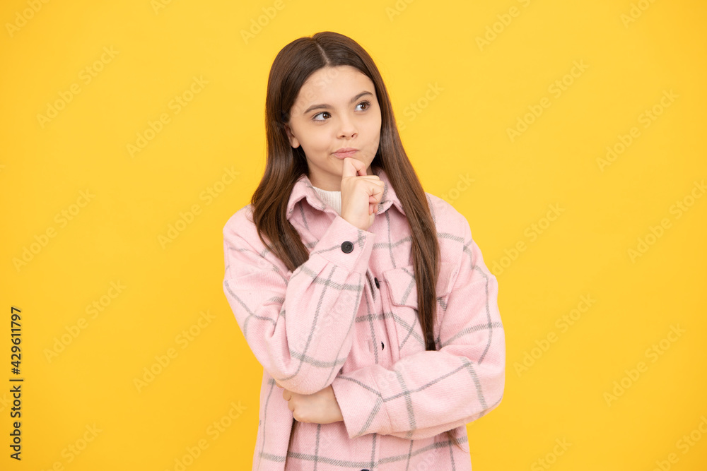 thoughtful look. tween child wear plaid shirt. chequered flannel jacket. beauty and fashion.