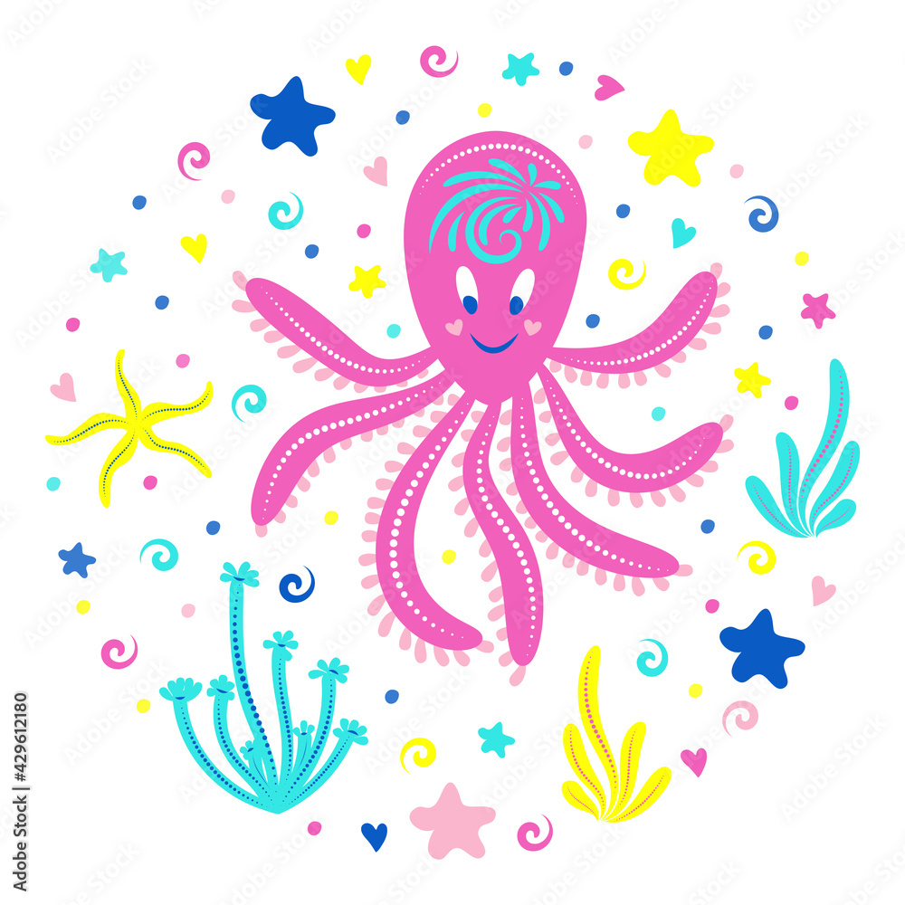 Cheerful octopus with ornate ornament, seaweed and starfish. Cute character. Underwater world. Children's illustration for your design. T
