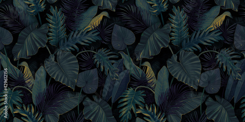 Botanical illustration. Tropical seamless pattern. Rainforest, jungle. Palm leaves, monstera, colocasia, banana. Hand drawing for design of fabric, paper, wallpaper, notebook covers photo