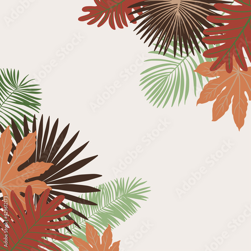 Tropics leaves vector beige modern. Color green, trend ornament terra