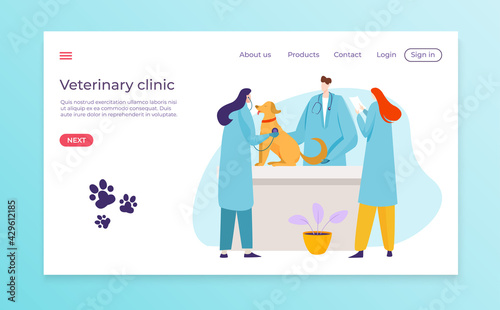 Medical veterinary clinic landing web banner, doctor character together animal healthcare flat vector illustration, isolated on blue.
