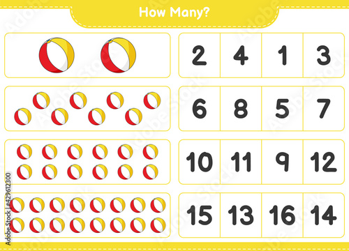 Counting game, how many Beach Ball. Educational children game, printable worksheet, vector illustration