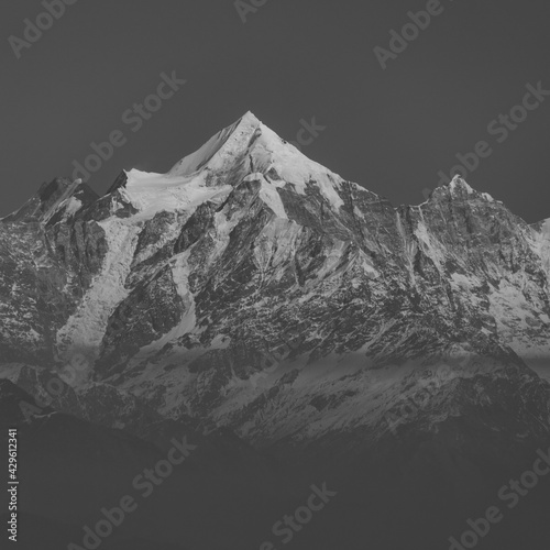 A Close up view of Nanda Devi peak and glacier in the Kumaun Himalayan range in monochrome