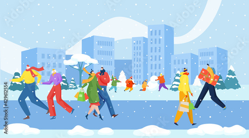 Cheerful people stroll pavement christmas winter holiday time, urban cityscape walking street xmas shopping flat vector illustration.