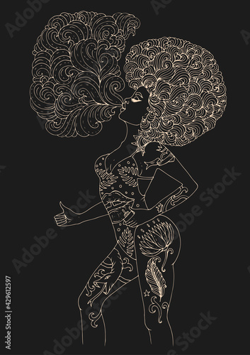 Vector in profile African American woman with beautiful tattooed body. Fashion girl model with magnificent curly afro hairstyle, vape smoking and blowing a cloud. Pattern Design print on a brown back