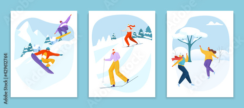 Sport character man, woman person winter physical activity event card, gift voucher skiing workout flat vector illustration, isolated on white.