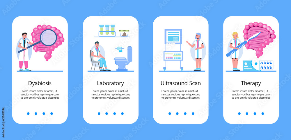 Proctologist concept vector for medical web, app, blog, mobile website. Intestine doctors examine, treat dysbiosis. Tiny therapist of proctology , colonoscopy.