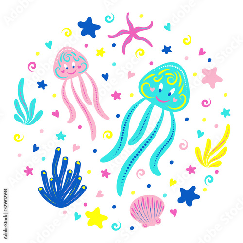 Cute jellyfish swim underwater with algae  shells and starfish. Children s illustration. Vector.
