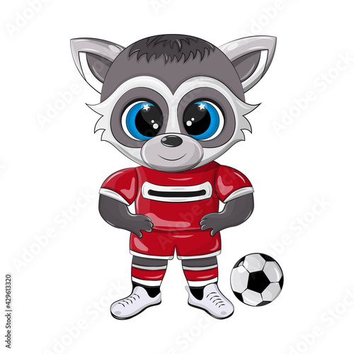 Vector illustration of a raccoon football player in sneakers and with a soccer ball. Cute isolated illustration of an animal that is engaged in active sports, children's beautiful print.