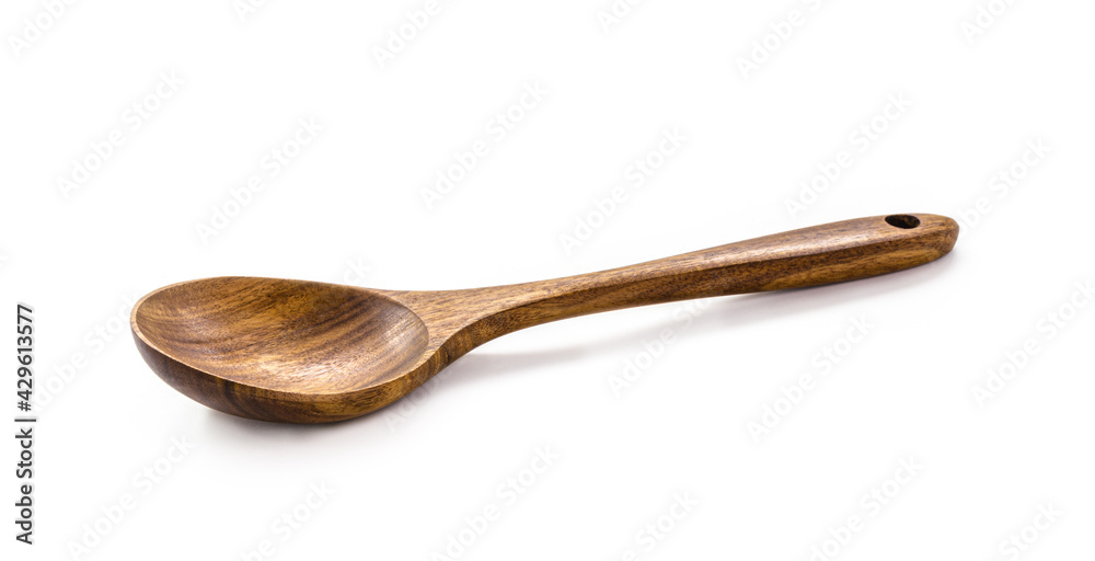rustic wooden spoon, kitchen utensil on isolated white background rustic wooden spoon, kitchen utensil on isolated white background