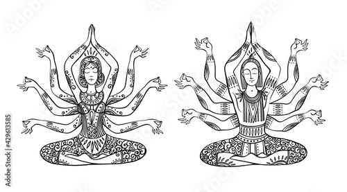 Yoga meditator illustration, Indian yoga line drawing