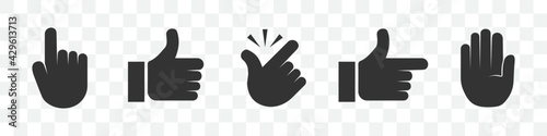 Set of hand icons: click, thumb up, snap, pointer, stop