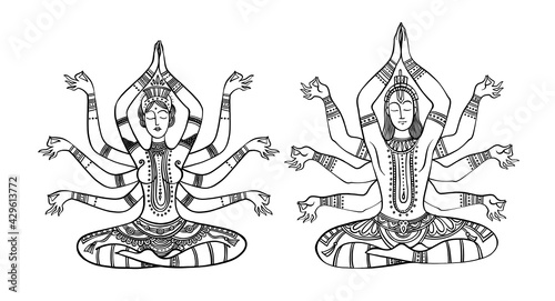 Yoga meditator illustration, Indian yoga line drawing
