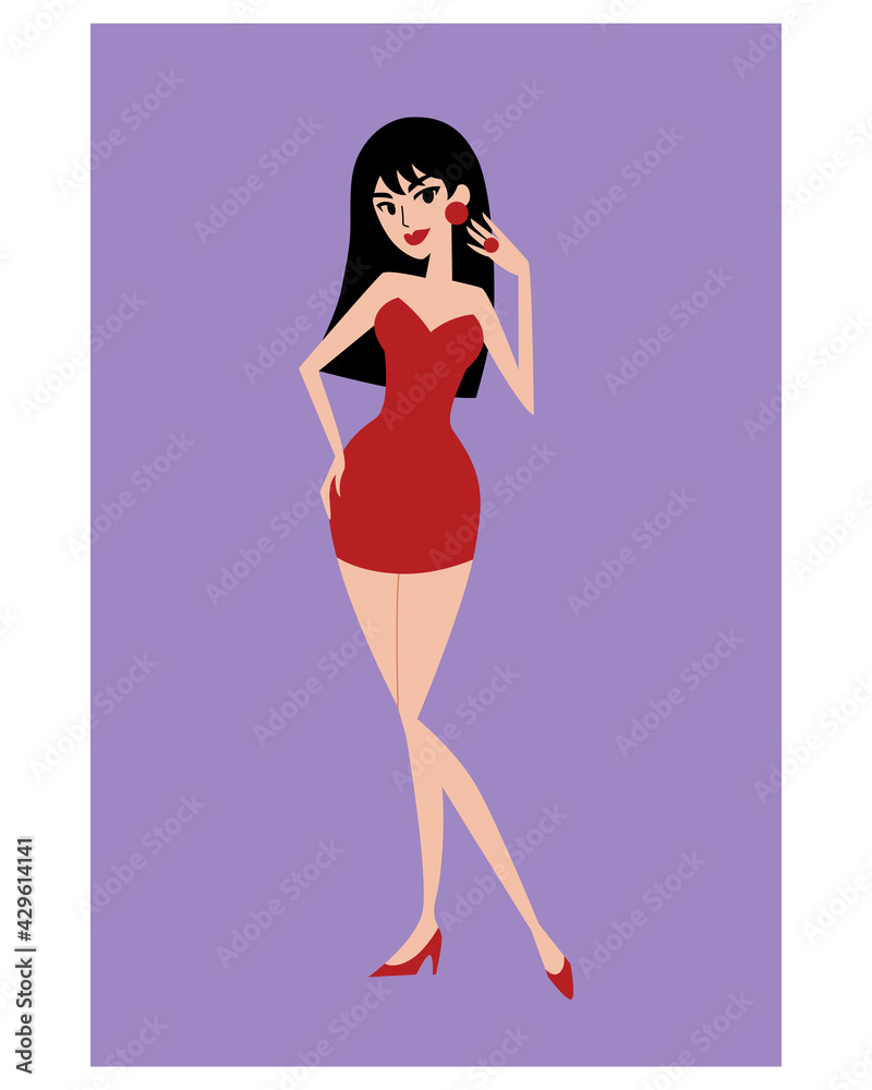 Art of young woman posing with long black hair in a red dress. Cartoon female character isolated on purple background. Flat vector illustration for social media, advert, web, or print. Art of young woman posing with long black hair in a red dress. Cartoon female character isolated on purple background. Flat vector illustration for social media, advert, web, or print.