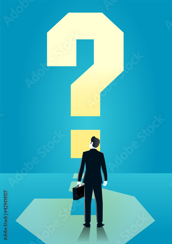 vector illustration of a businessman looking at big question mark. describe confused, need, solution, open mind, and creative think. business concept illustration