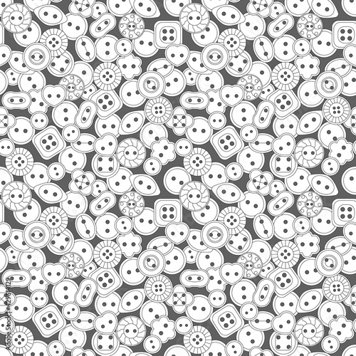 Seamless pattern. Sewing button or shirt fastener buttons. Black stroke. Contour drawing. Vector background