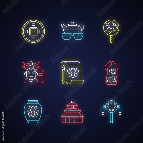 Tablou pe pânză Chinese traditions neon light icons set