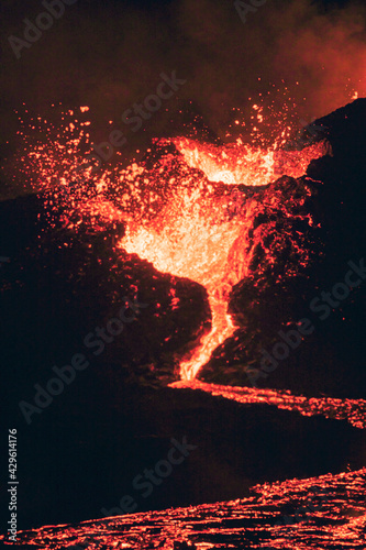 Lava erupting from the volcanic crater in Iceland