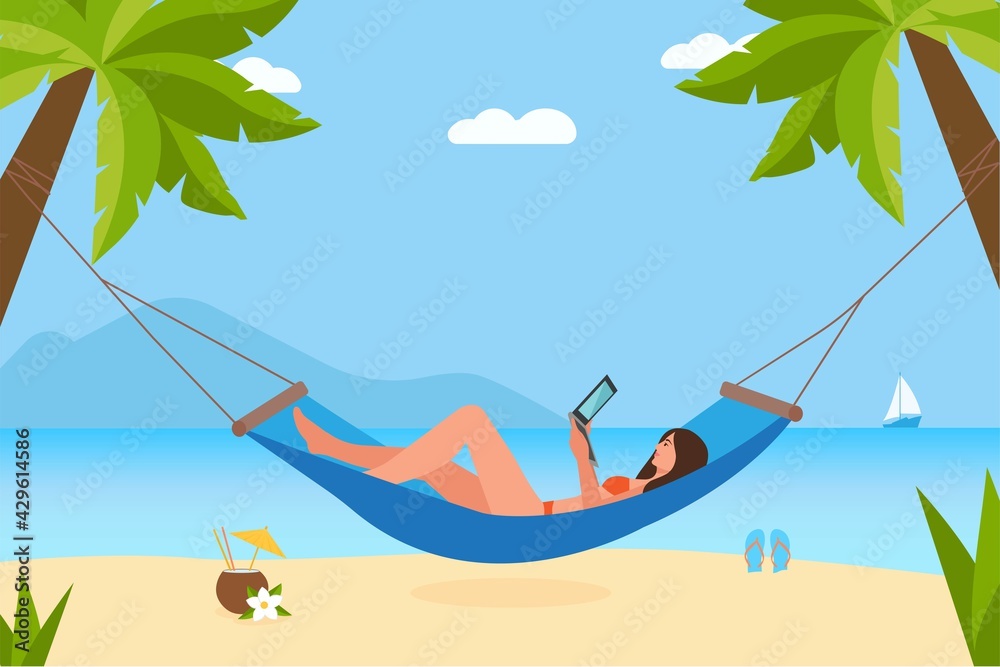 Woman lying on hammock with notebook. Freelancer.Tropical cocktail , palm trees, ship on background distant. Freelance concept. Female Character Relaxing on Seaside.Vector