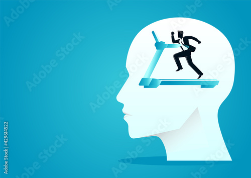 Fototapeta Naklejka Na Ścianę i Meble -  vector illustration of human head with businessman running at treadmill. describe think out of the box, move, faster. business concept illustration