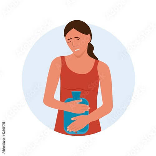 Women menstrual pain. Woman holds rubber warmer with hot water.Painful periods and menstrual.Abdominal pain. Emergency acute pain. Vector illustration