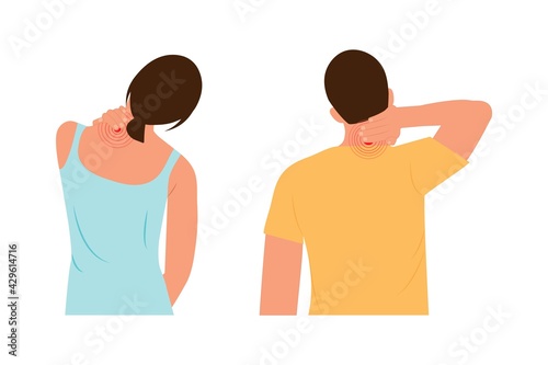 Pain in the neck. Young man and woman  with painful neck and shoulder, muscle injury, neck massage.Vector   flat illustration.People  holding hand on neck in pain. Cartoon vector illustration.