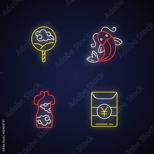 Asian traditions neon light icons set. Chinese ancient fan. Koi fish. Cheongsam, female kimono. Hong Bao. Culture of China. Signs with outer glowing effect. Vector isolated RGB color illustrations