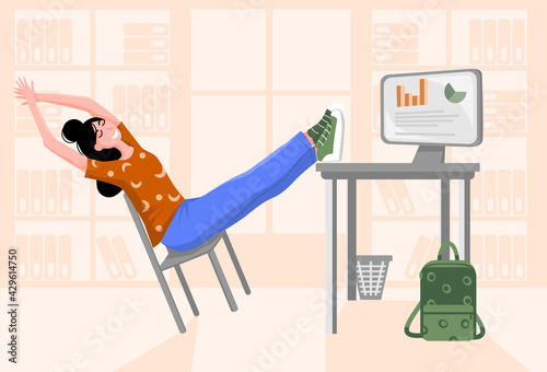 Woman relaxes in the workplace. Smiling girl puts feet on the table with computer and rests. Girl swings on the chair. Vector illustration in flat style.