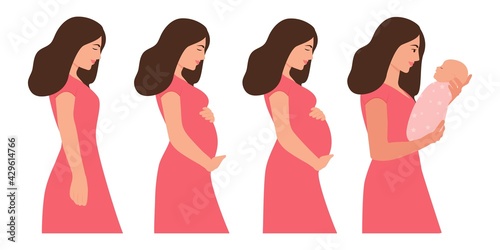 The main stages of pregnancy.Pregnant woman and newborn baby.Pregnancy beautiful woman body isolated on white background. Pregnancy Calendar. Flat vector illustration.