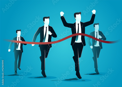 vector illustration of running businessmen crossing finish line. describe compete, move and faster. business concept illustration