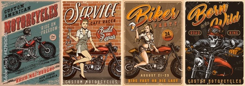 Motorcycle colorful vintage posters set
