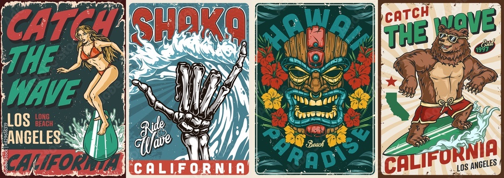 Fototapeta Hawaii and california surfing vintage posters