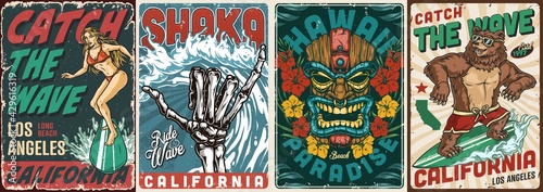 Hawaii and california surfing vintage posters