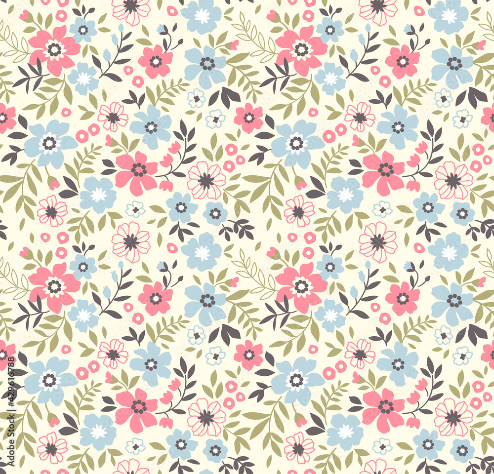 Vector seamless pattern. Pretty pattern in small flowers. Small pale blue and red flowers. White background. Ditsy floral background. The elegant the template for fashion prints. Stock vector.