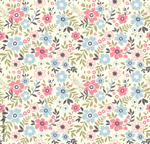 Vector seamless pattern. Pretty pattern in small flowers. Small pale blue and red flowers. White background. Ditsy floral background. The elegant the template for fashion prints. Stock vector.