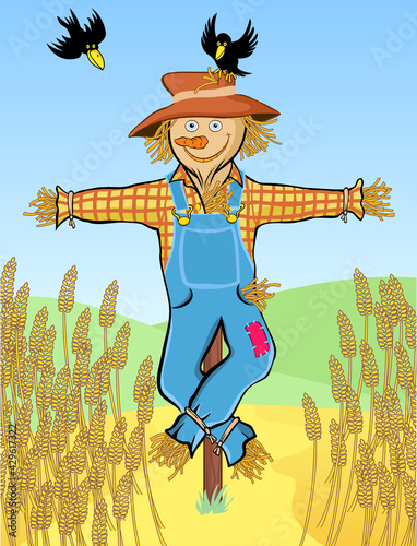 Scarecrow Cartoon Illustration with Cartoon Crows