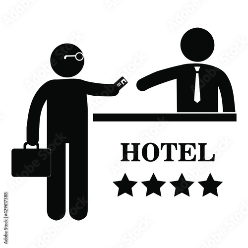 Hotel reception desk with receptionist and woman with suitcase. Hotel interior. Lobby service.