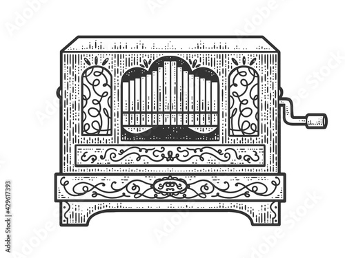 barrel street organ sketch engraving vector illustration. T-shirt apparel print design. Scratch board imitation. Black and white hand drawn image.