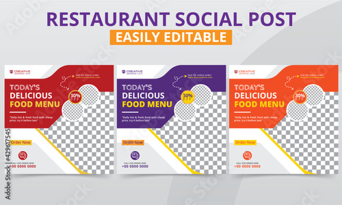 Professional Restaurant Social Media Post for breakfast, lunch & dinner food menu and beverage digital marketing campaigns promotion vector. Modern geometric square social layouts & web banner pack.
