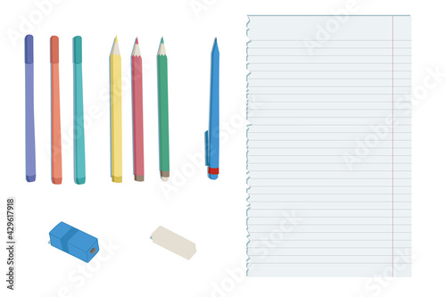 Simple school stuff  for studying: few colorful pencils and  markers,  pen near clear lined paper sheet, sharpener and rubber. Flat style vector illustration..