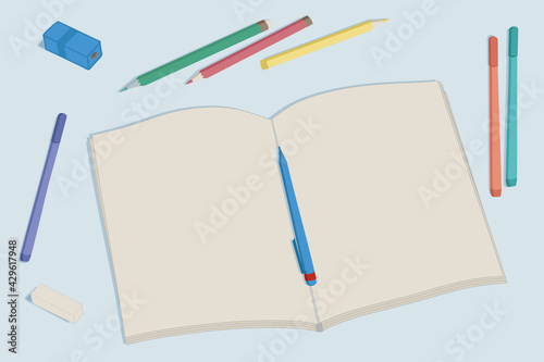 Open notebook with blank pages, background for your design, school supplies, creatives start to create around. Vector cartoon flat illustration on a white background.